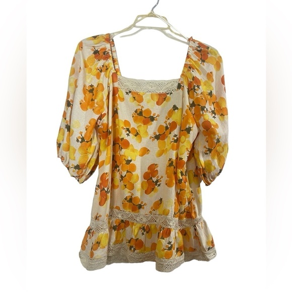 NWT Nicole Miller Artelier Puff sleeve, orange print, linen blend blouse.Size XL - Picture 6 of 13